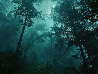 A misty forest shrouded in fog, with tall trees disappearing into the mist mysterious allure Soft, diffused light filters through the fog, casting an eerie glow over the ancient woodland - obrazy, fototapety, plakaty