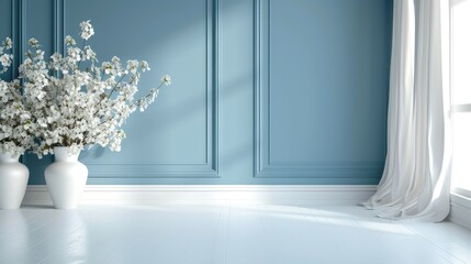 Elegant Floral Accents: Classic Blue Wall Interior