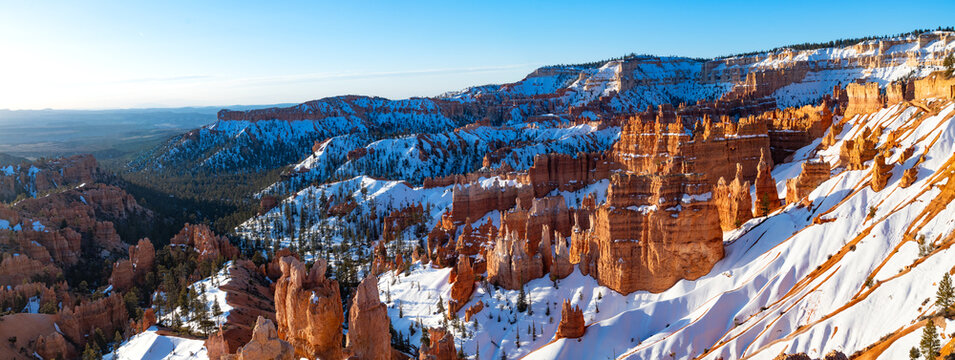 Wide angle panorama of Bryce Canyon National Park on a cold winter morning after sunrise. Colorful orange-reddish sandstone formations in unique scenery. Tourist attraction at perfect magic moment.