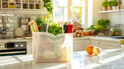 Eco friendly reusable shopping bag with fresh organic vegetables on marble table in kitchen. food...