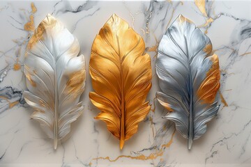 3 panel wall art, marble background with golden and silver feather designs - obrazy, fototapety, plakaty