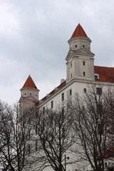 Bratislava Castle, Slovakia. Close up photo of a  castle tower. European architecture. 