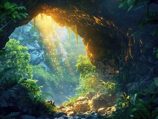 A mysterious cave entrance hidden deep within a lush jungle, with shafts of golden light piercing the darkness hidden wonder The sense of mystery and adventure is palpable, with the rugged terrain