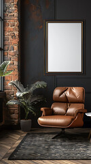 mockup poster frame hanging above slate wall, near leather reclining chair, Scandinavian style living room, modern interior, hyperrealistic photography