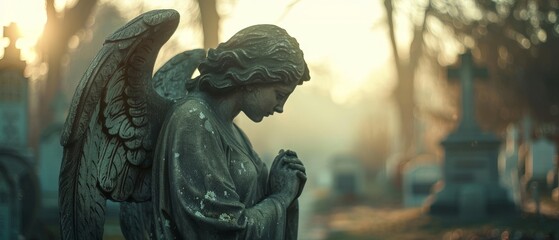With a diffused background, a vintage of a sad angel is shown on a cemetery - obrazy, fototapety, plakaty
