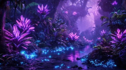 cyberpunk-infused jungle landscape with bioluminescent plants and exotic creatures