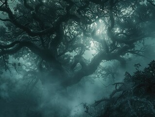 A mysterious forest shrouded in fog, with gnarled trees and twisting vines creating an otherworldly atmosphere enchanted woods Soft, diffused light filters through the fog, casting an eerie glow over