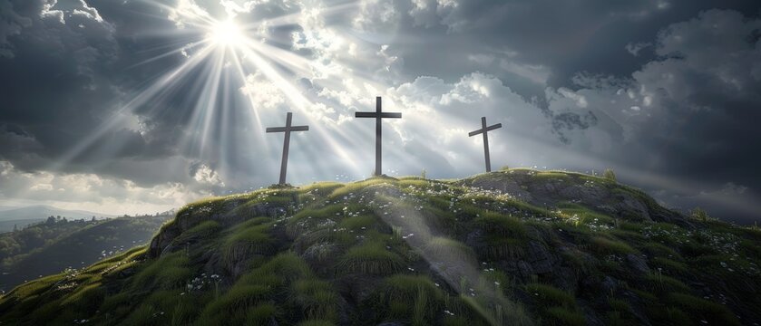 The cross illustration is an inspirational religious photo depicting three large crosses on top of a hill, a breaking storm, and light beams shining through the clouds.