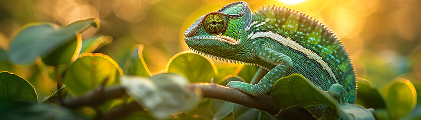 Chameleon, scales, blending into the lush jungle foliage - obrazy, fototapety, plakaty