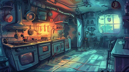 Capture the eerie atmosphere of a haunted kitchen with deep shadows and stark lighting contrasts in a detailed, pixel art style - obrazy, fototapety, plakaty