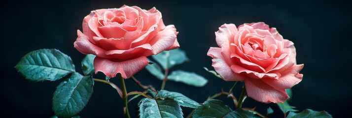 Two pink roses are in a dark background - Powered by Adobe
