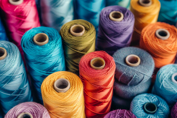 A bunch of colorful yarns are piled up, with some being green, yellow, and blue