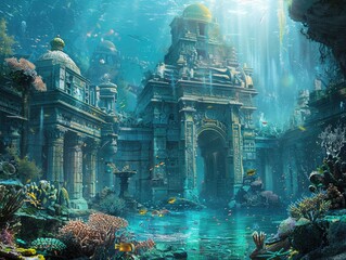 A mysterious underwater city with ancient ruins and colorful sea life thriving among the coral reefs lost civilization Sunlight filters down from the surface, illuminating the hidden wonders - obrazy, fototapety, plakaty