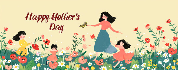 Happy Mother's Day banner with cute girls and flowers. 