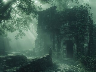 A mystical forest shrouded in fog, with ancient ruins peeking through the mist and a lone figure exploring the forgotten pathways mystical allure Soft, diffused light filters through the fog, lending - obrazy, fototapety, plakaty