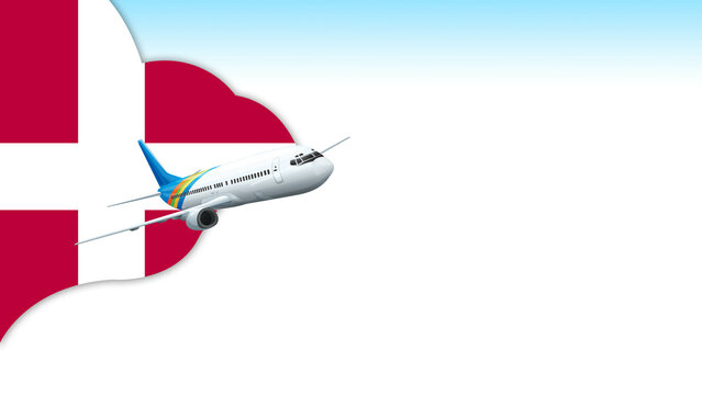 3d illustration plane with Denmark flag background for business and travel design