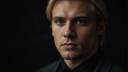 handsome blonde man looking at camera serious on dark plain black background from Generative AI