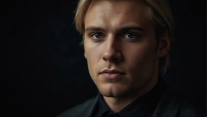 Fototapeta premium handsome blonde man looking at camera serious on dark plain black background from Generative AI