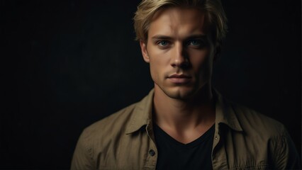 Fototapeta premium handsome blonde man looking at camera serious on dark plain black background from Generative AI