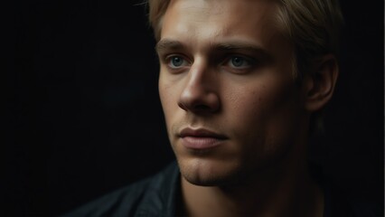handsome blonde man looking at camera serious on dark plain black background from Generative AI