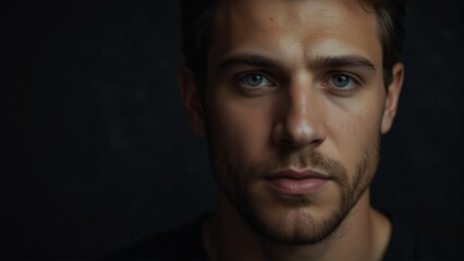 Fototapeta premium handsome caucasian man looking at camera serious on dark plain black background from Generative AI