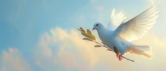 A white dove carries a leaf branch against a blue sky background to commemorate the 2017 International Day of Peace - obrazy, fototapety, plakaty