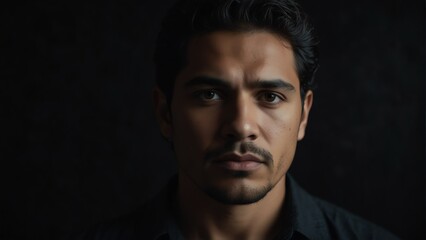 Obraz premium handsome hispanic man looking at camera serious on dark plain black background from Generative AI