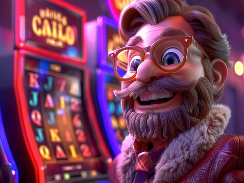 3D cartoon bearded man with winning slots in the background, euphoria, neon light celebration