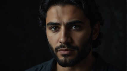 Obraz premium handsome middle eastern man looking at camera serious on dark plain black background from Generative AI