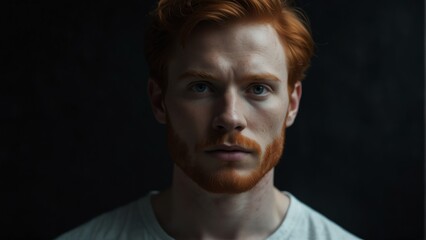 handsome red head man looking at camera serious on dark plain black background from Generative AI