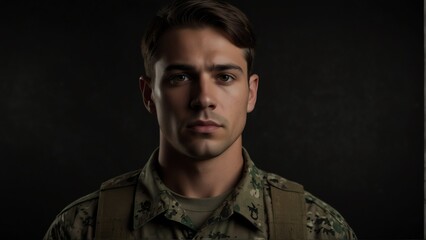Obraz premium handsome soldier looking at camera serious on dark plain black background from Generative AI