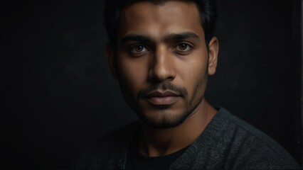 Obraz premium handsome south asian man looking at camera serious on dark plain black background from Generative AI
