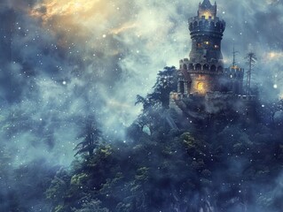 A mystical wizard's tower rising high above a dense forest, with swirling mists and arcane symbols adorning its ancient walls magical citadel The ethereal beauty of the tower is captured in stunning