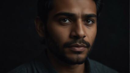 Obraz premium handsome south asian man looking at camera serious on dark plain black background from Generative AI