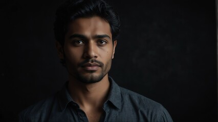 Obraz premium handsome south asian man looking at camera serious on dark plain black background from Generative AI