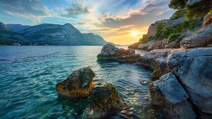 Rocky seacoast landscape. Adriatic sea Montenegro - obrazy, fototapety, plakaty