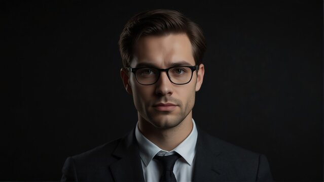 handsome office accountant clerk looking at camera serious on dark plain black background from Generative AI