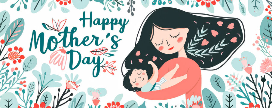 Mother's day banner. Cute cartoon illustration with mother and daughter hugging.
