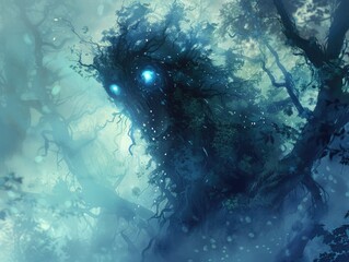 A mythical creature emerges from the depths of a mist-shrouded forest, its eyes glowing with otherworldly light forest guardian The mysterious presence of the creature is rendered with haunting 