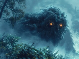 A mythical creature emerges from the depths of a mist-shrouded forest, its eyes glowing with otherworldly light forest guardian The mysterious presence of the creature is rendered with haunting 