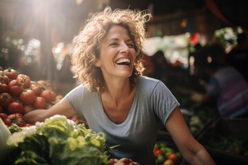 Portrait of a joyful woman in her 40s dressed in a casual t-shirt in bustling farmer's market - obrazy, fototapety, plakaty