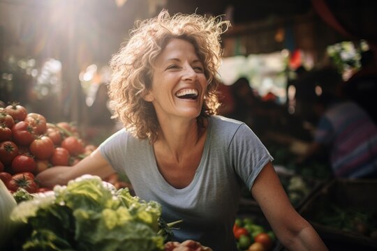 Portrait Of A Joyful Woman In Her 40s Dressed In A Casual T-shirt In Bustling Farmer's Market