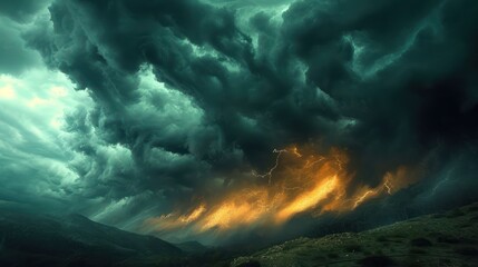 Obraz premium dramatic scene of a thunderstorm over a mountain range, showcasing the raw power and beauty of Earth's natural forces