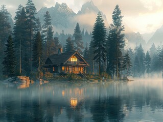 A peaceful lakeside cabin nestled among tall pine trees, with a gentle mist rising from the water's surface idyllic retreat Soft, diffused lighting envelops the scene in a dreamlike haze, transporting