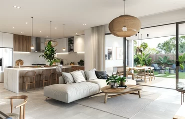 Küchenrückwand glas motiv an open plan modern home interior, bright and airy in style with neutral tones, white walls, light grey floor tiles, large windows, sliding doors to the backyard © Kien