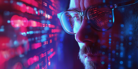 A scientist with glasses is pondering a matrix of luminous digits, solving some math problem, coding or computer security, Analyzing big data. 