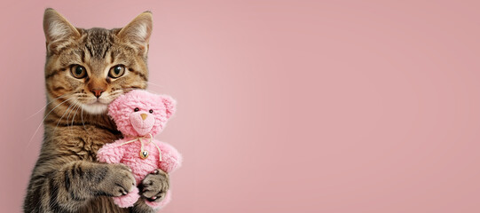 Cute cat hugs a teddy bear.