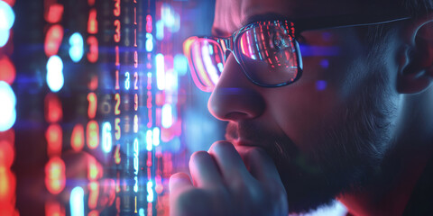 A scientist with glasses is pondering a matrix of luminous digits, solving some math problem, coding or computer security, Analyzing big data. 