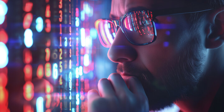 A scientist with glasses is pondering a matrix of luminous digits, solving some math problem, coding or computer security, Analyzing big data. 
