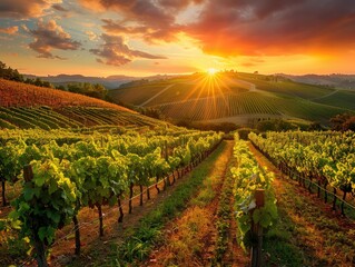 A picturesque vineyard bathed in the golden light of sunset, with rows of grapevines stretching across rolling hills vineyard romance Warm, romantic lighting accentuates the beauty of the vineyard